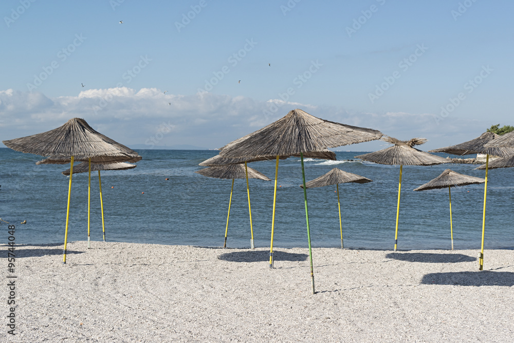Fototapeta premium wicker beach umbrellas on a shell beach
