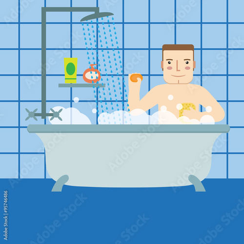 The man in the bathroom taking a shower. Vector.