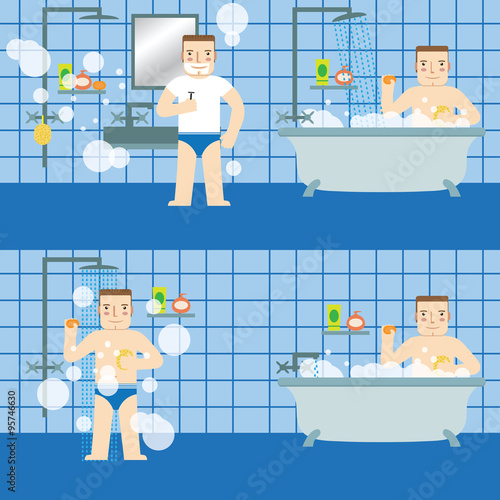 The man in the bathroom. Set. Vector.