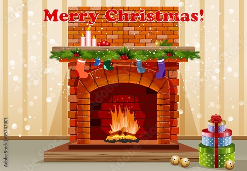 Beautiful old fireplace with Christmas decorations