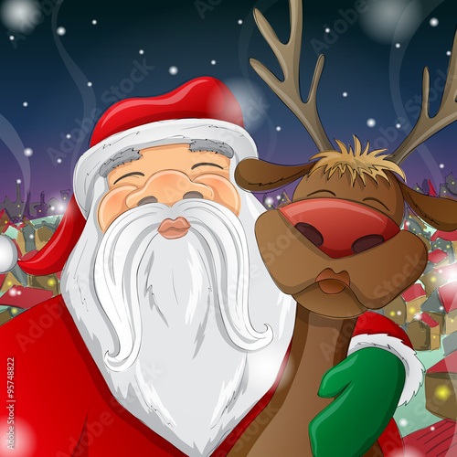 Santa Claus making selfie with Rudolph, the reindeer. Posing with pursed lips, following the trends from the social networks.