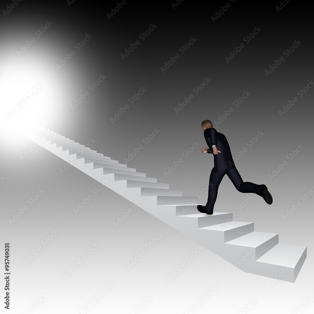 Conceptual 3D business man running or climbing stair