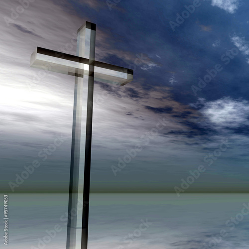 Conceptual glass cross or religion symbol on water over a sunset sky