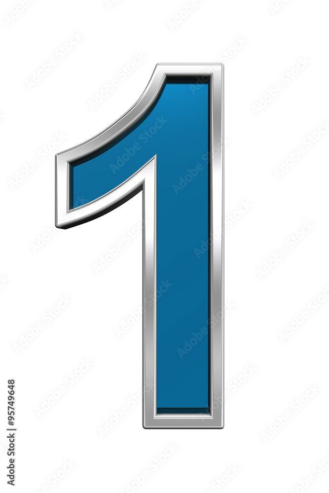 One digit from blue glass with chrome frame alphabet set, isolated on white. Computer generated 3D photo rendering. One digit from blue glass with chrome frame alphabet set, isolated on white. Computer generated 3D photo rendering.