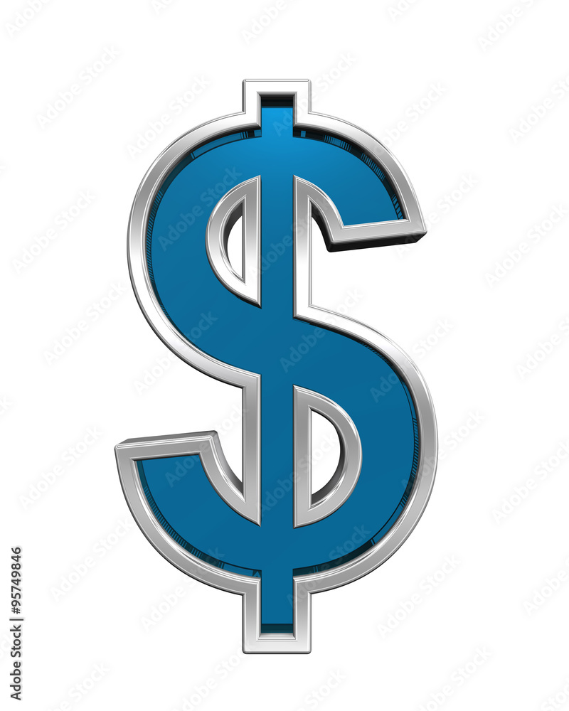 Dollar sign from blue glass with chrome frame alphabet set, isolated on white. Computer generated 3D photo rendering. Dollar sign from blue glass with chrome frame alphabet set, isolated on white. Computer generated 3D photo rendering.