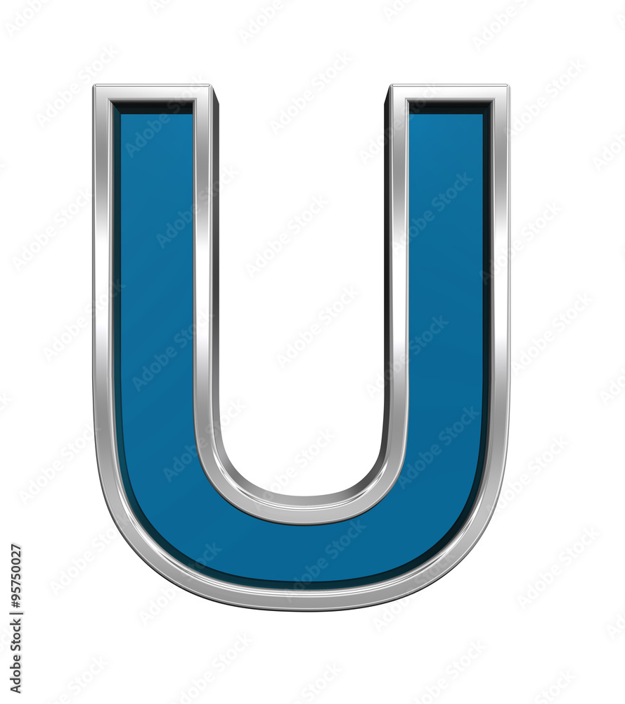 One letter from blue glass with chrome frame alphabet set, isolated on white. Computer generated 3D photo rendering. One letter from blue glass with chrome frame alphabet set, isolated on white. Computer generated 3D photo rendering.