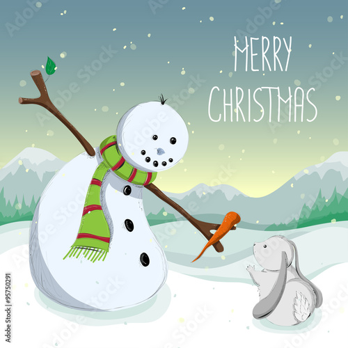 Kind snowman giving his carrot nose to a little bunny as a Christmas present. Drawing with line shading. 