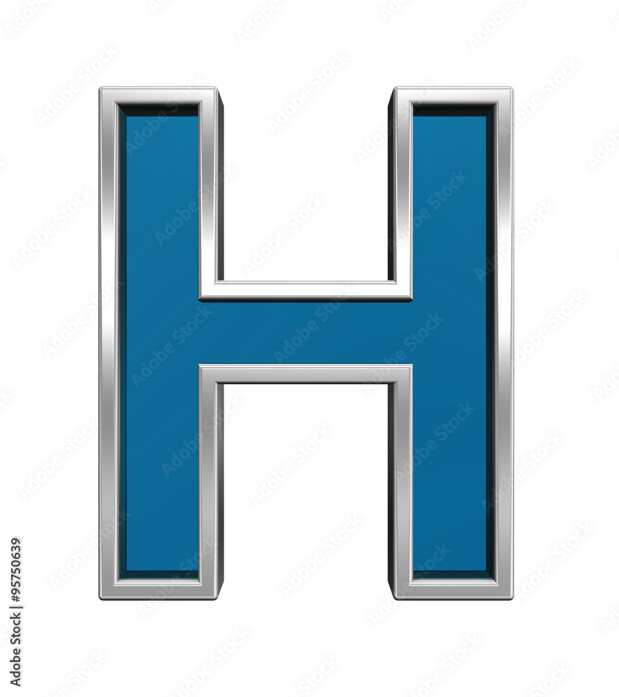 One letter from blue glass with chrome frame alphabet set, isolated on white. Computer generated 3D photo rendering. One letter from blue glass with chrome frame alphabet set, isolated on white. Computer generated 3D photo rendering.