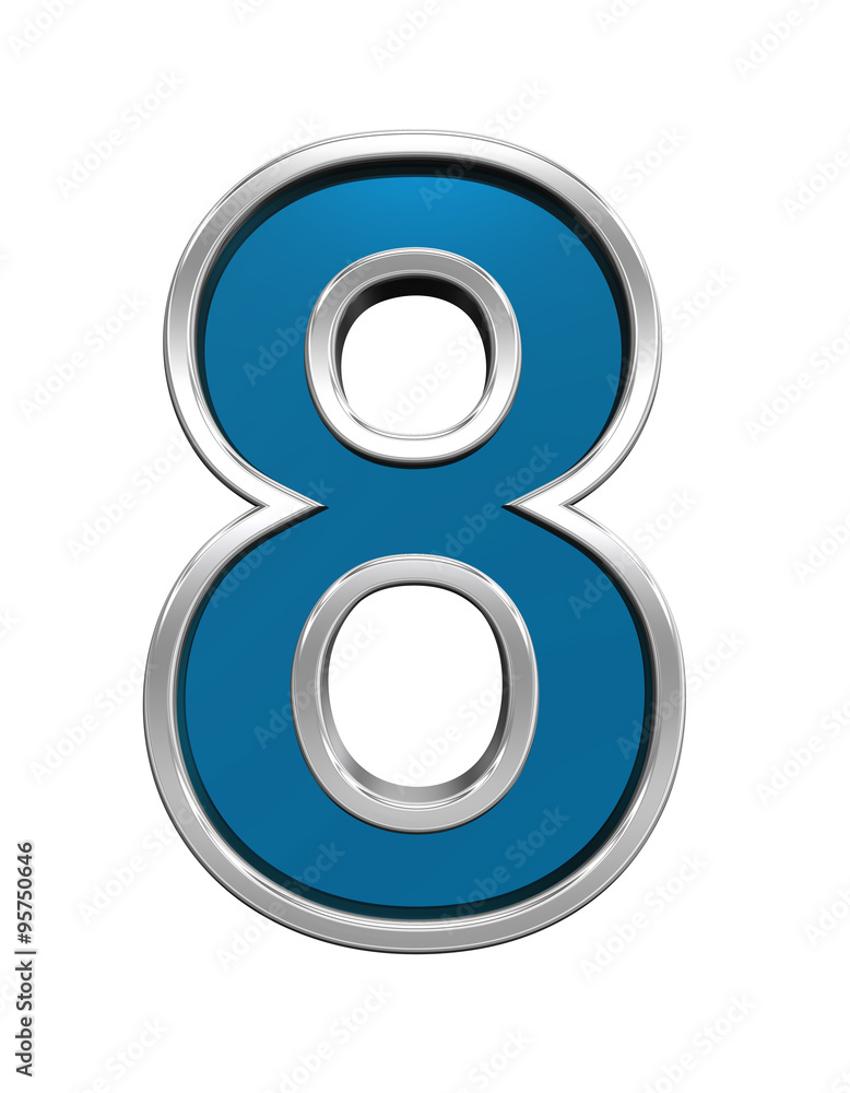 One digit from blue glass with chrome frame alphabet set, isolated on white. Computer generated 3D photo rendering. One digit from blue glass with chrome frame alphabet set, isolated on white. Computer generated 3D photo rendering.