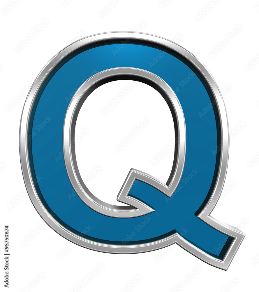 One letter from blue glass with chrome frame alphabet set, isolated on white. Computer generated 3D photo rendering. One letter from blue glass with chrome frame alphabet set, isolated on white. Computer generated 3D photo rendering.