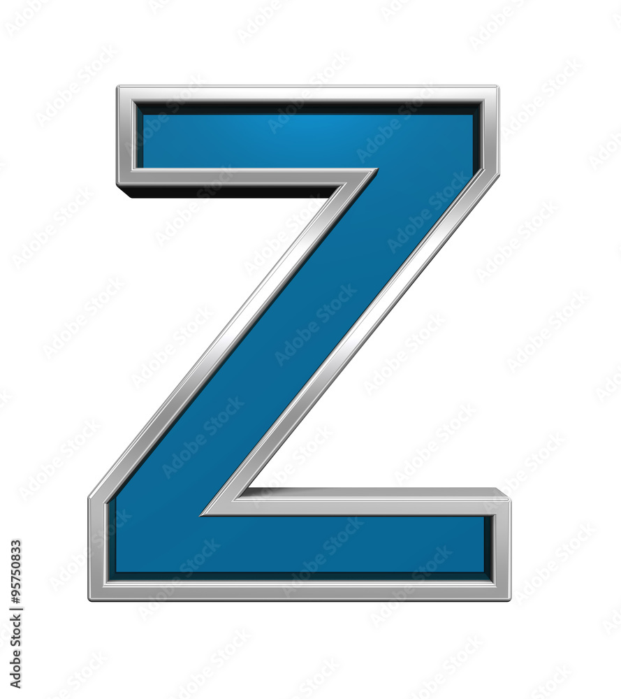 One letter from blue glass with chrome frame alphabet set, isolated on white. Computer generated 3D photo rendering. One letter from blue glass with chrome frame alphabet set, isolated on white. Computer generated 3D photo rendering.