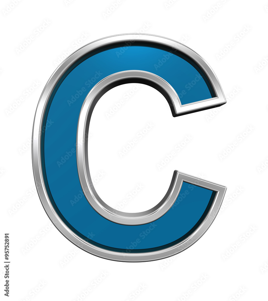 One letter from blue glass with chrome frame alphabet set, isolated on white. Computer generated 3D photo rendering. One letter from blue glass with chrome frame alphabet set, isolated on white. Computer generated 3D photo rendering.