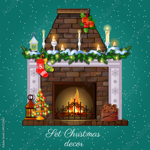 Postcard with Christmas fireplace burning