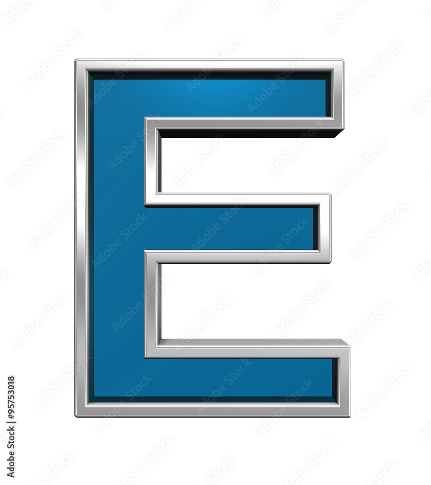 One letter from blue glass with chrome frame alphabet set, isolated on white. Computer generated 3D photo rendering. One letter from blue glass with chrome frame alphabet set, isolated on white. Computer generated 3D photo rendering.