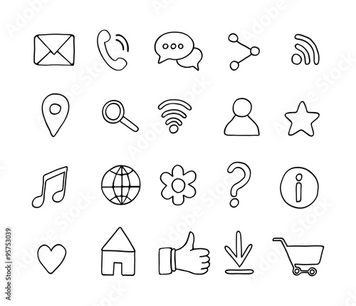 Set of basic hand drawn line icons. Sketch style elements. Universal web icons for media, communication, business, mobile. Vector illustration.