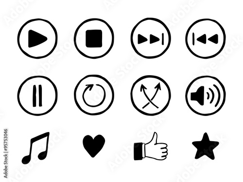 Set of hand drawn music icons. Sketch style buttons. Media player elements. Vector illustration.