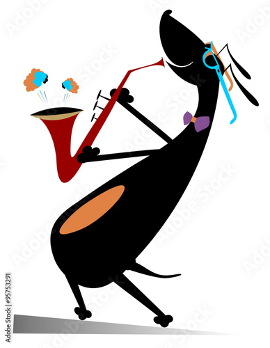 Dog plays saxophone illustration. Comic dog plays saxphone isolated on white