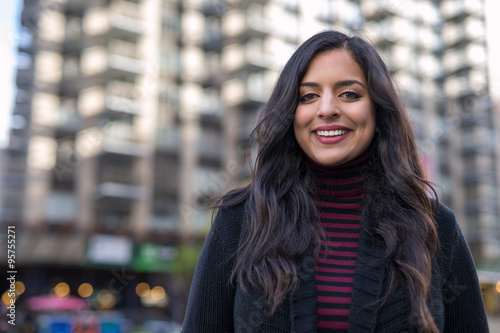 Photography Indian woman in city smiling face