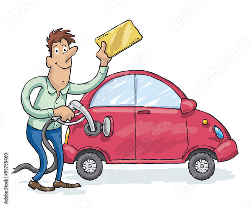Man have the discount coupon and fills up cheaper fuel into the car