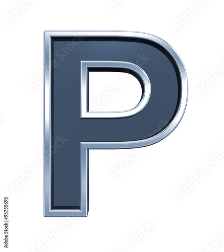 One letter from grey glass with chrome frame alphabet set, isolated on white. Computer generated 3D photo rendering.