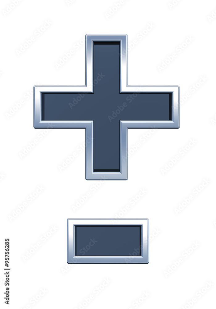 Hyphen, minus, plus marks from grey glass with chrome frame alphabet set, isolated on white. Computer generated 3D photo rendering. Hyphen, minus, plus marks from grey glass with chrome frame alphabet set, isolated on white. Computer generated 3D photo rendering.