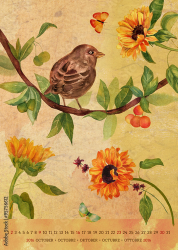 Vintage 2016 wall calendar with watercolor birds and flowers; October