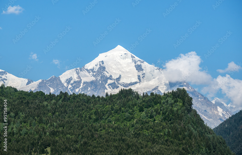 Tetnuldi peak seen from Mestia town in Upper Svanetia region, Georgia