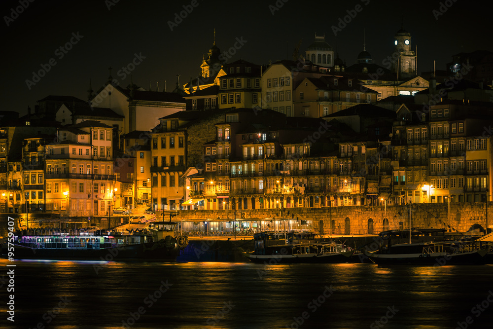Overview of Old Town of Porto, Portugal at night.