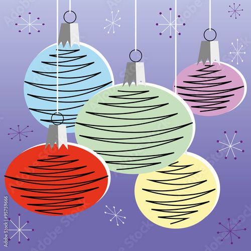 Christmas bauble decorations in a retro style and colors hanging in front of purple background