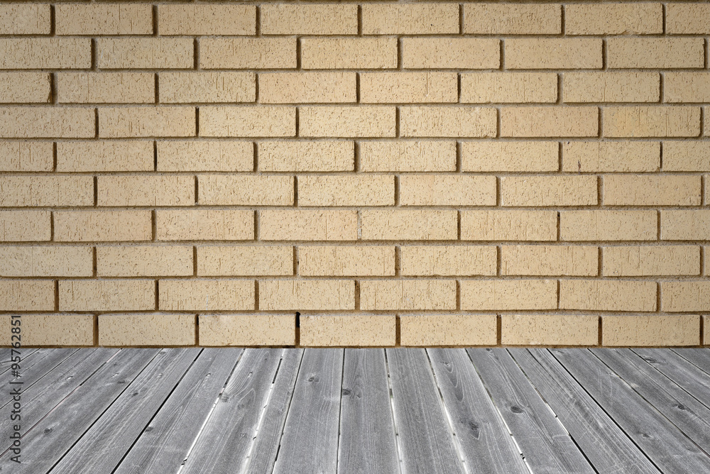 brick wall background and plank wood floor