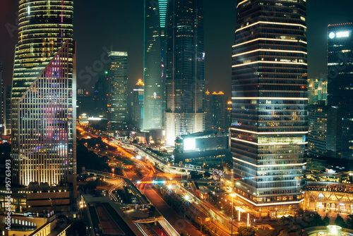 Photography Traffic Lights, Skyscrapers in Shanghai Downtown at Night