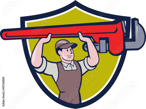 Plumber Lifting Monkey Wrench Crest Cartoon