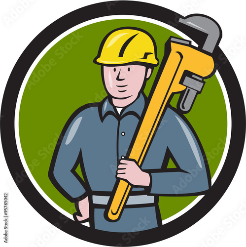 Plumber Holding Wrench Circle Cartoon