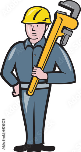 Plumber Holding Wrench Isolated Cartoon