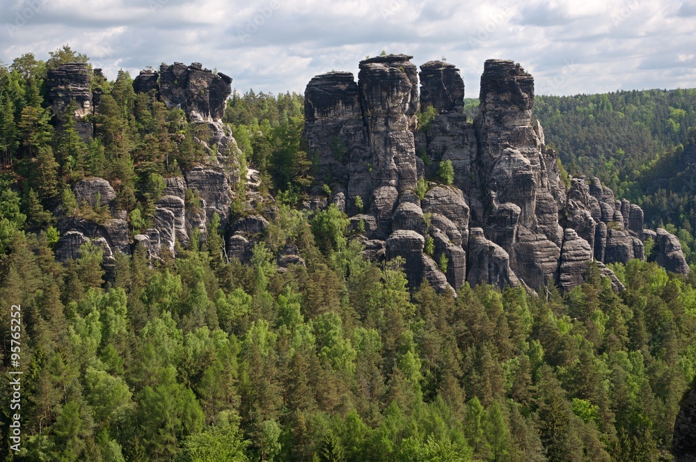 Sandstone towers from lookout Bastei in Saxon Switzerland, Germany
