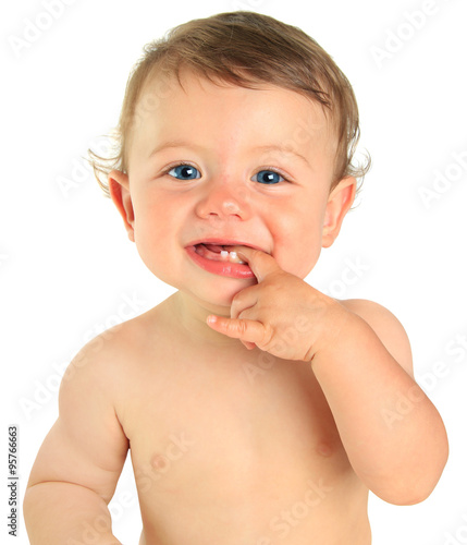 Happy baby boy with baby teeth. 