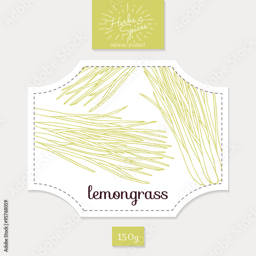 Product sticker with hand drawn lemongrass leaves. Spicy herbs packaging design