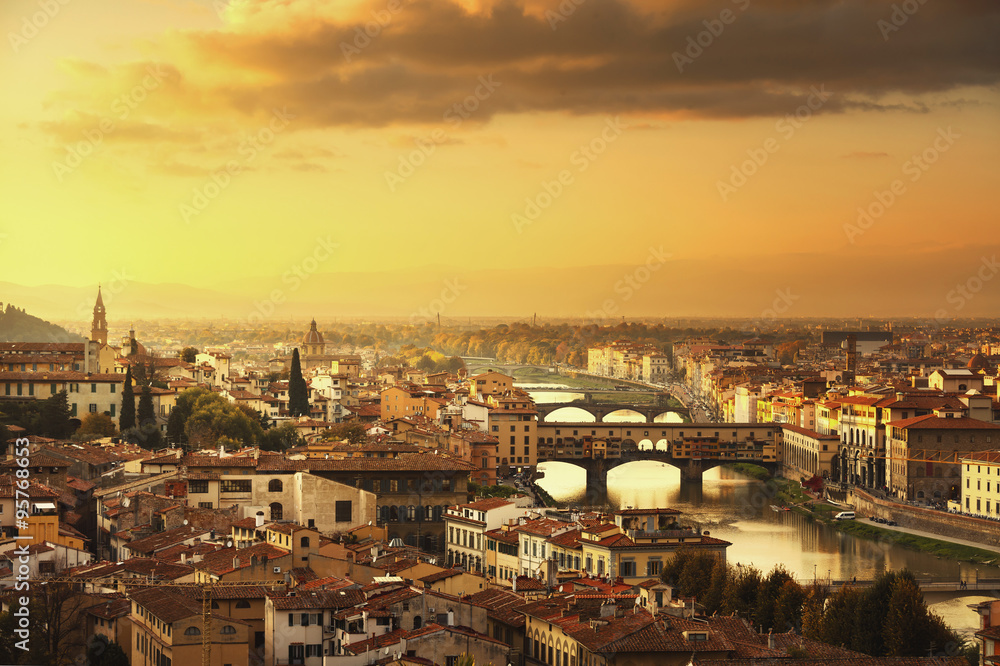 Florence or Firenze sunset Ponte Vecchio bridge panoramic view.T