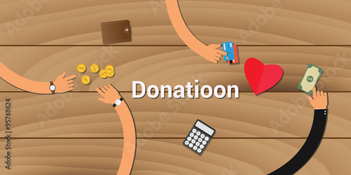 donation illustrated in wood table with money gold coin credit card and calculator