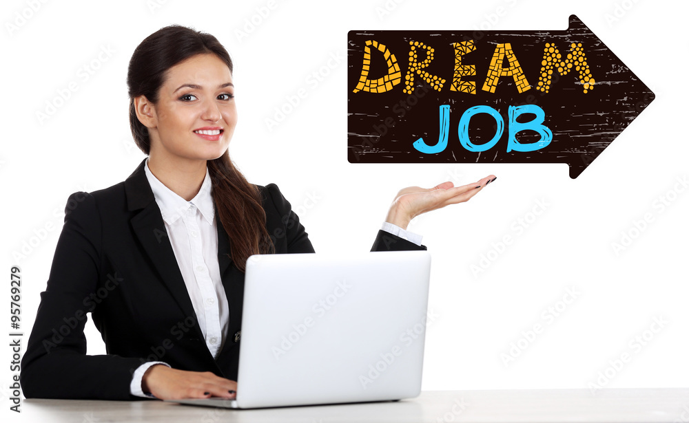 Dream job concept. Business lady with laptop isolated on white Dream job concept. Business lady with laptop isolated on white