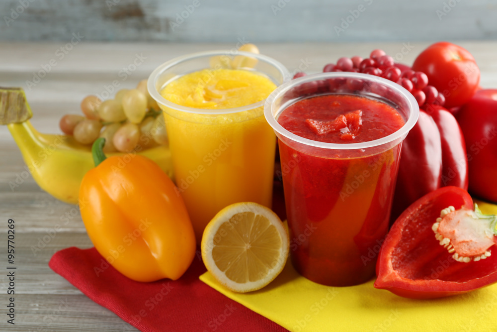 Fresh juice mix fruit, healthy drinks on wooden table background Fresh juice mix fruit, healthy drinks on wooden table background