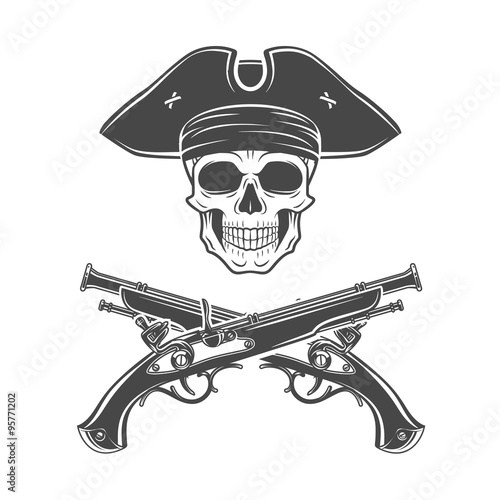 Evil captain skull in cocked hat vector. Jolly Roger logo template. death t-shirt design. Pistol insignia concept