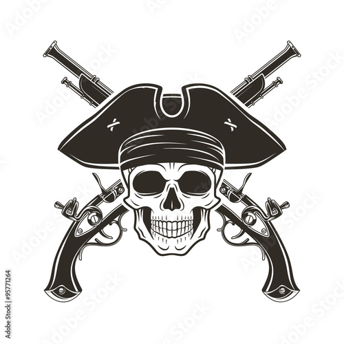 Jolly Roger skull in cocked hat vector. Evil captain logo template. death t-shirt design. Pistol insignia concept