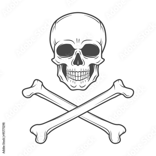 Human evil skull vector. Jolly Roger with crossbones logo template. death t-shirt design. Pirate insignia concept. Poison icon illustration