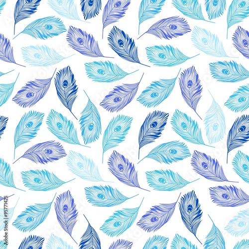 Blue Peacock Feathers Seamless Pattern