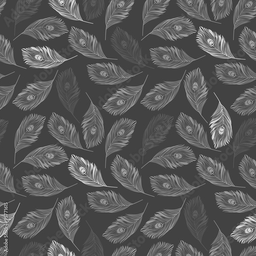 Grey Peacock Feathers Seamless Pattern