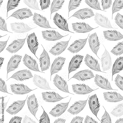 Grey Peacock Feathers Seamless Pattern