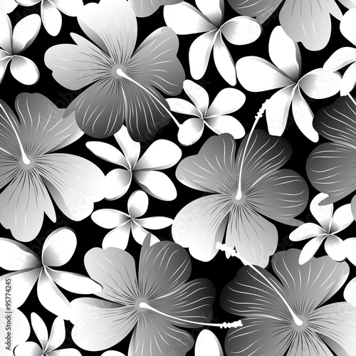 White tropical hibiscus flower with frangipani seamless pattern