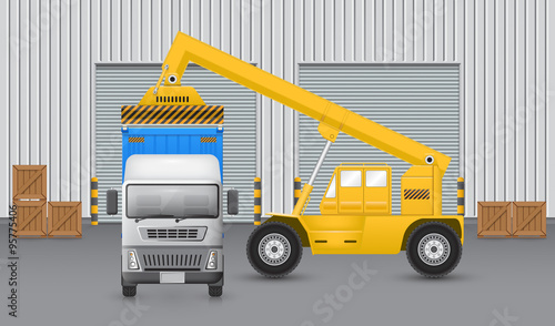 Vector of reach stacker to lifting, handling or loading cargo container to trailer truck at port, warehouse, terminal for shipping, shipment and delivery. Freight transport distribution industry.