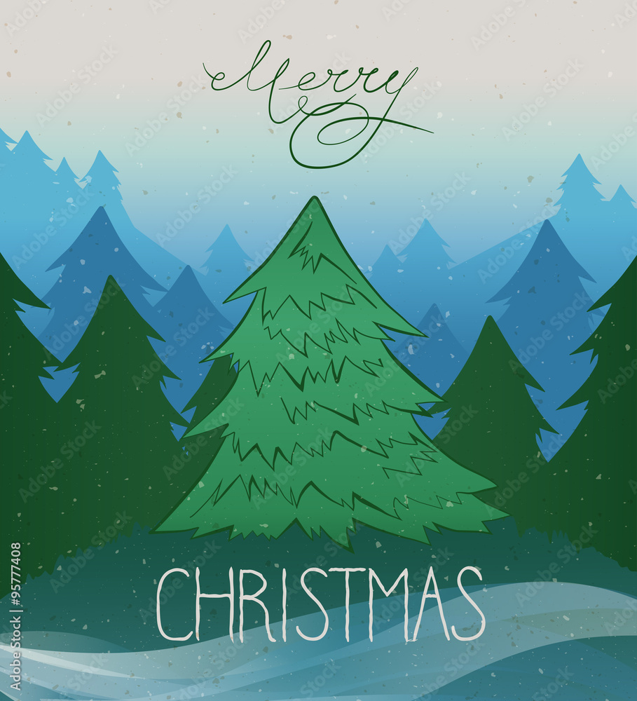 Fototapeta premium Vector vintage background with Christmas tree and Merry Christma